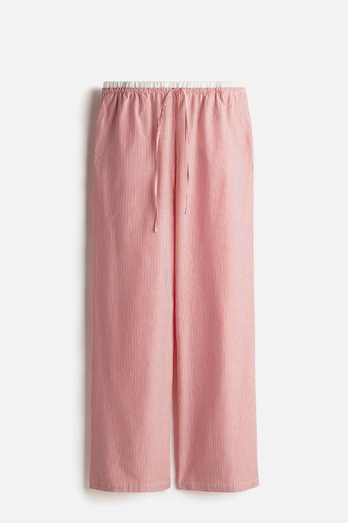 Double-waistband poplin drawstring trousers - red striped 
