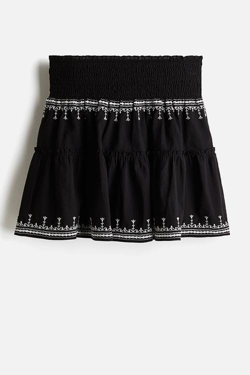 Embroidered cotton skirt - black patterned