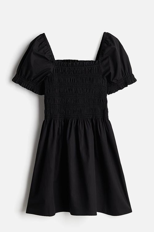 Smocked poplin dress - black
