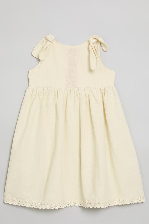 Shoulder tie dress with lace trim hem - ivory