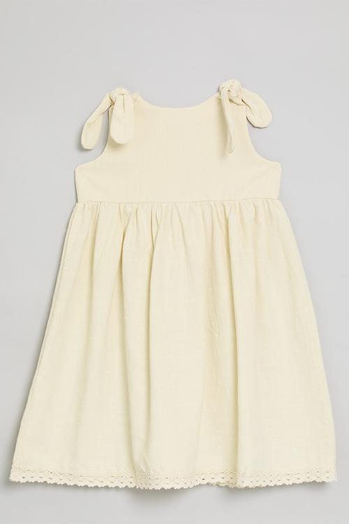 Shoulder tie dress with lace trim hem - ivory