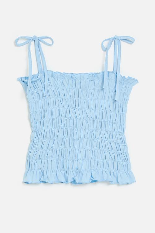 Shirred top with shoulder ties - blue
