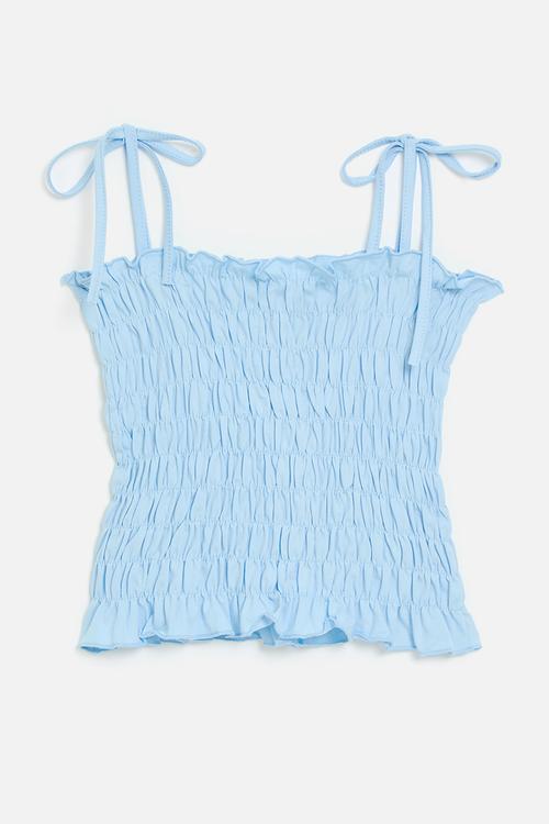 Shirred top with shoulder ties - blue