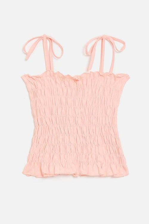 Shirred top with shoulder ties - pink