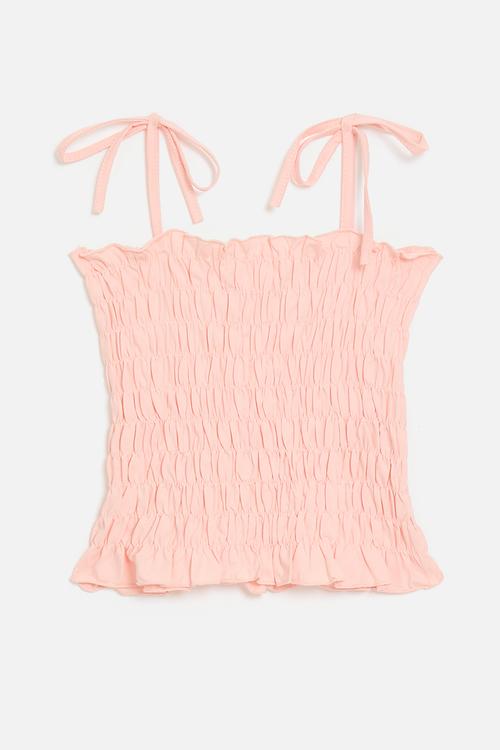 Shirred top with shoulder ties - pink