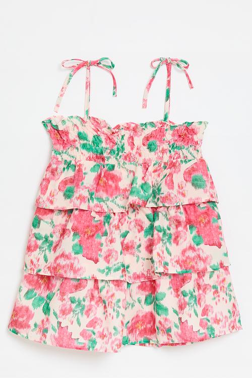 Tiered dress with spaghetti straps - pink & green floral