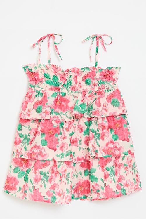 Tiered dress with spaghetti straps - pink & green floral