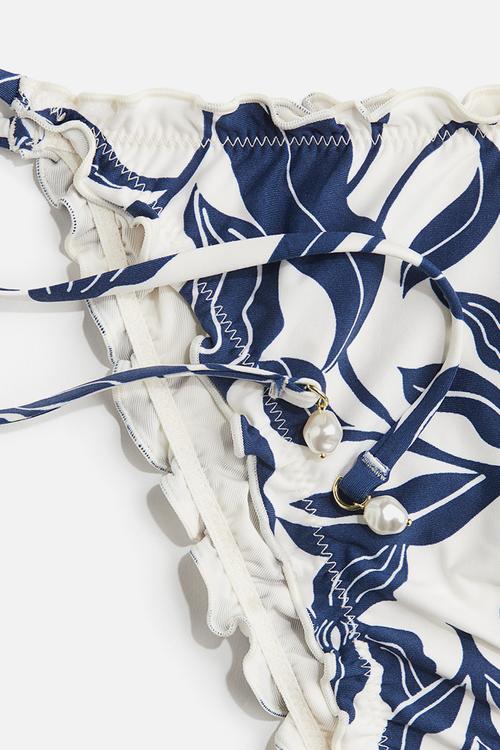 Tie tanga bikini bottoms - white & dark blue patterned