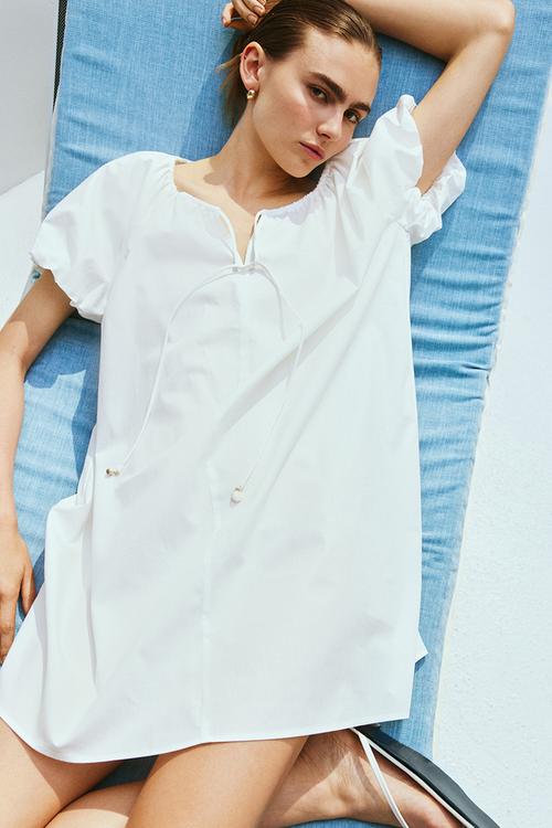 Drawstring-neck dress - white
