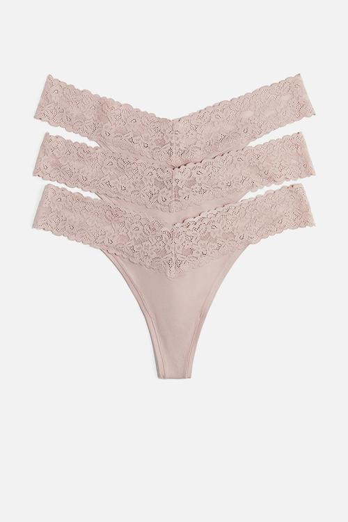 3 pack microfibre and lace thong briefs - light dusty pink