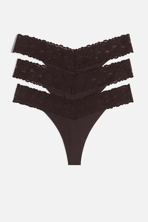 3 pack microfibre and lace thong briefs - dark brown