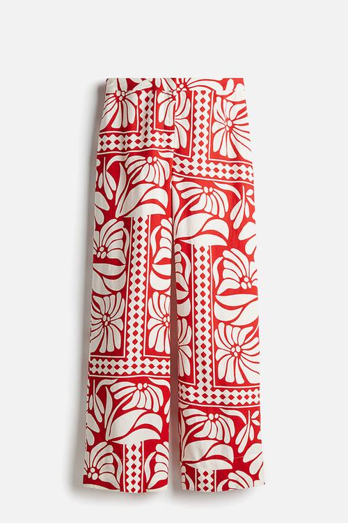 Linen-blend trousers - bright red patterned