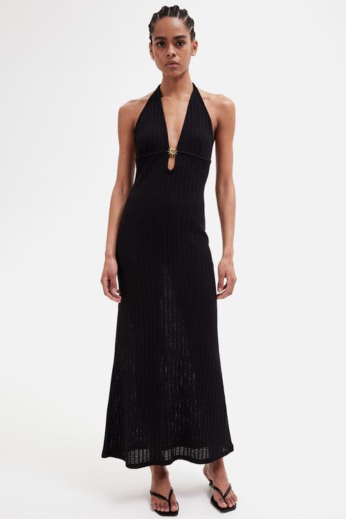 Embellished pointelle-knit dress - black