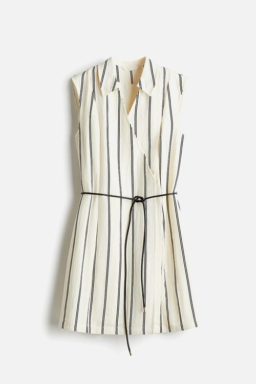 Tie-belt wrap dress - cream/black striped