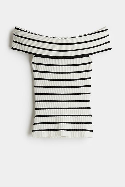 Rib-knit off-the-shoulder top - white striped