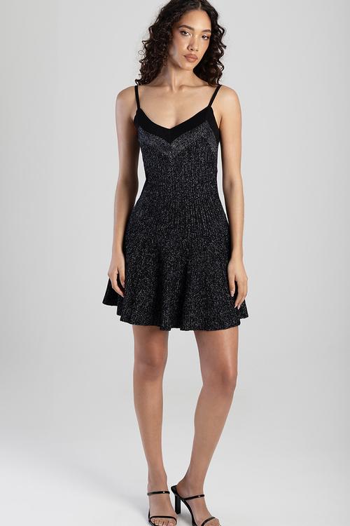 Oceane: Strappy Lurex Flared Dress - Black / Silver Lurex