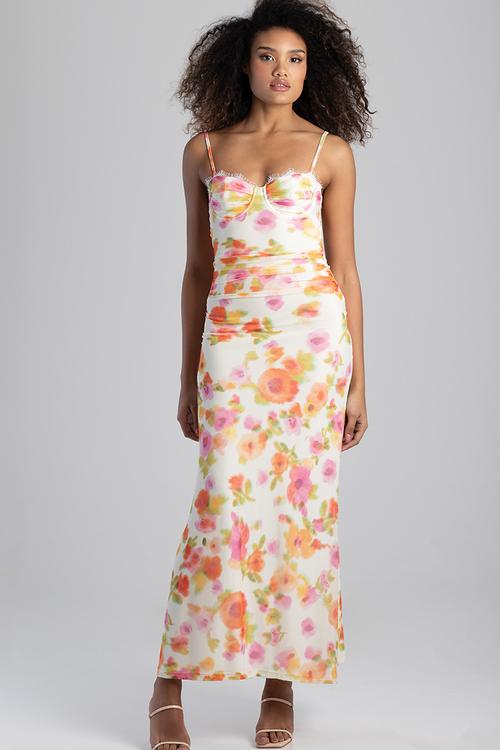 Together Forever: Mesh Maxi Dress With Cups And Ruching - Multi