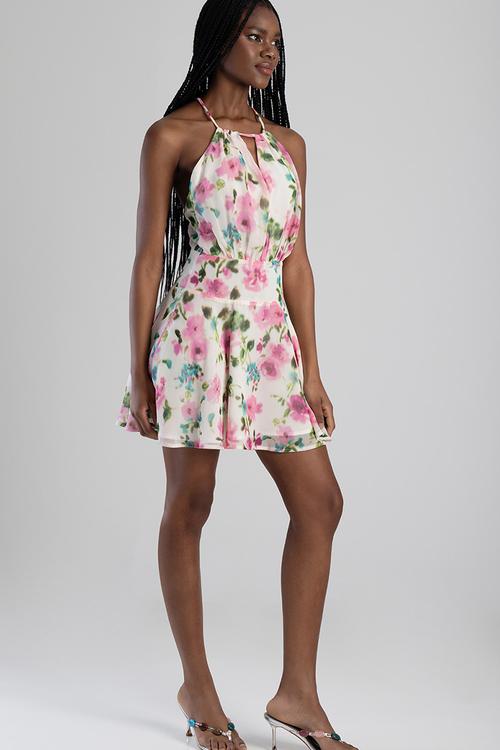 Living Lux: Blouson Mini Dress With High Neck And Dropped Waist - Off White/Pink Multi