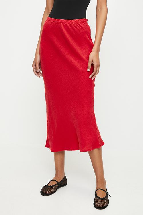 Linen elastic waist high waist midi skirt - red