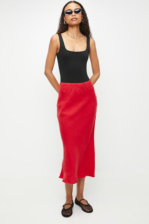 Linen elastic waist high waist midi skirt - red