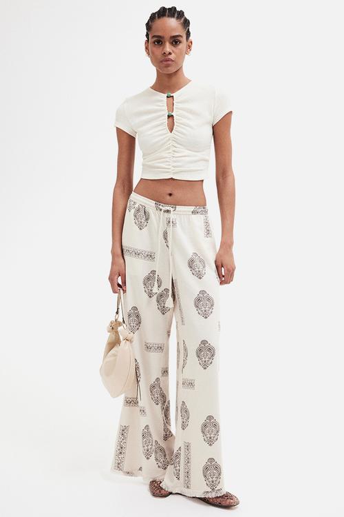 Linen-blend drawstring trousers -  light beige/paisley-patterned 