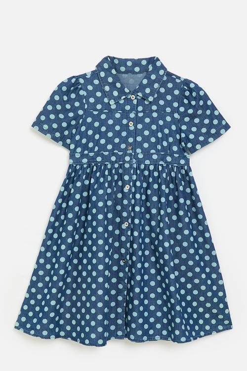 Blue polka dot denim shirt dress - blue