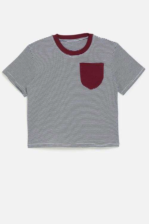 Pin-stripe tee with contrast pocket - maroon/stripes