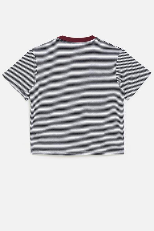 Pin-stripe tee with contrast pocket - maroon/stripes