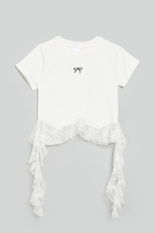 Cascade lace frill tee with mini bow graphic -white