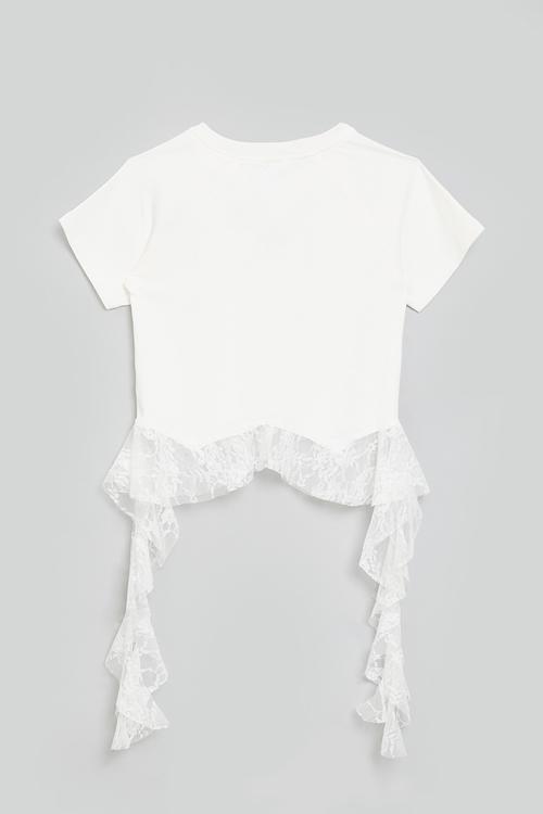 Cascade lace frill tee with mini bow graphic -white