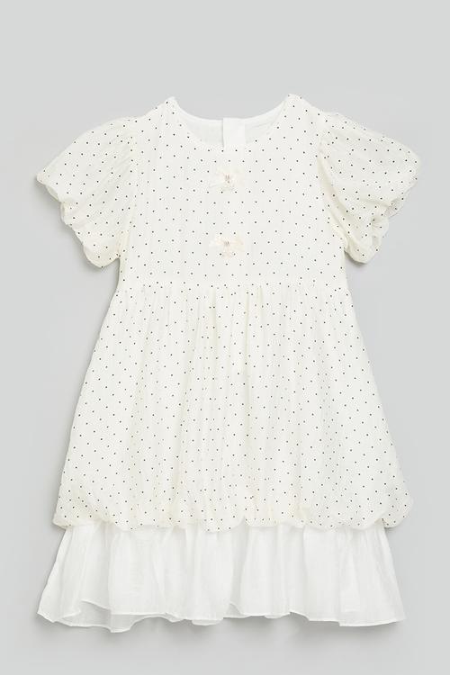 Bubble sleeve dress with gathered frill hem- cream/polka dots