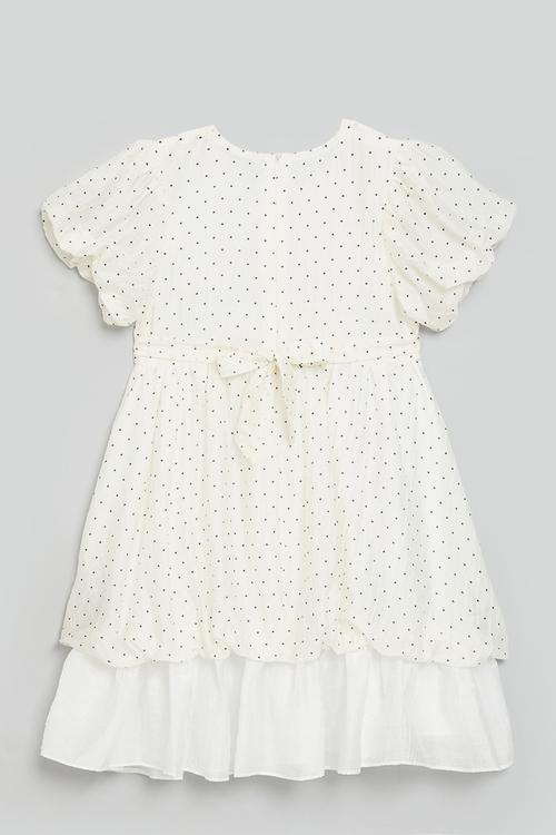 Bubble sleeve dress with gathered frill hem- cream/polka dots
