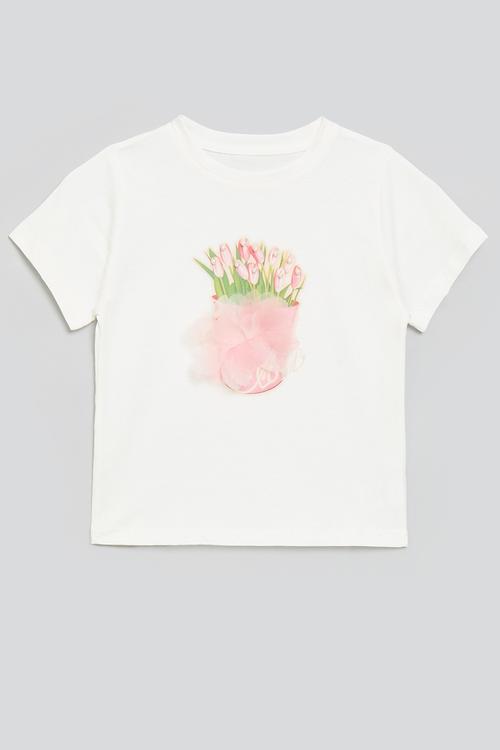 Graphic tee with pearl beaded tulips - white