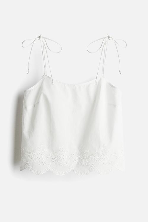 Embroidered tie-strap top - white