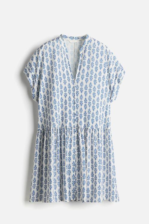 Crinkled tunic dress - white & blue patterned
