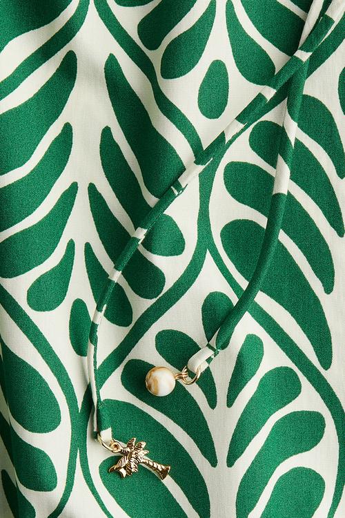Drawstring-neck dress - white & green patterned