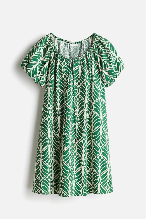 Drawstring-neck dress - white & green patterned
