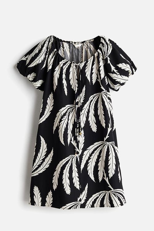 Drawstring-neck dress - black leaf-patterned