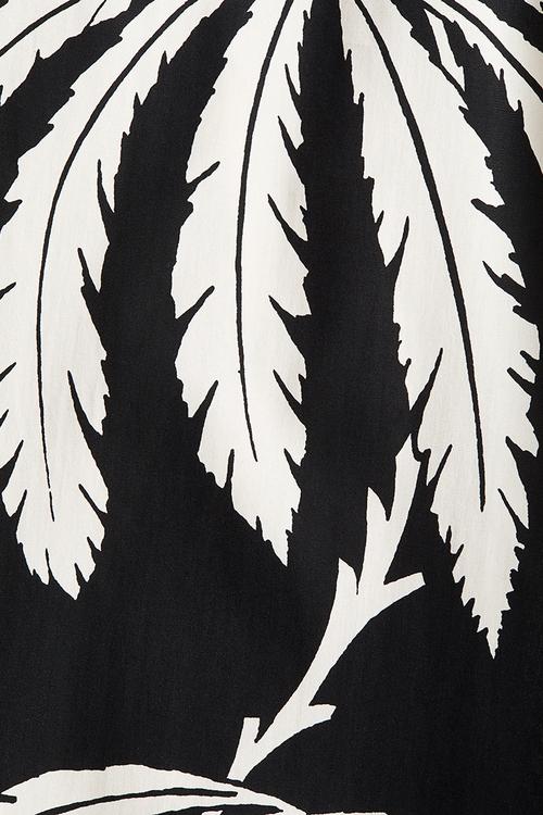 Drawstring-neck dress - black leaf-patterned