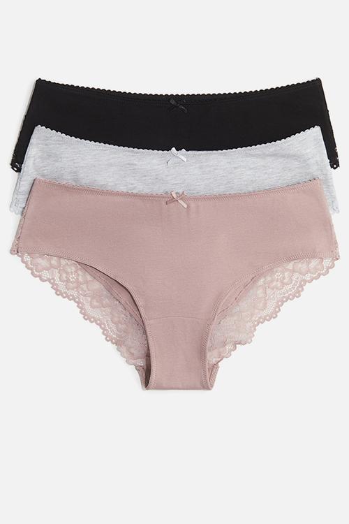3-Pack cotton and lace hipster briefs - dusty pink/light grey marl