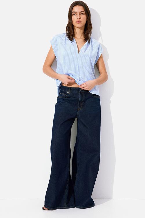 Band-collar blouse - blue & white striped