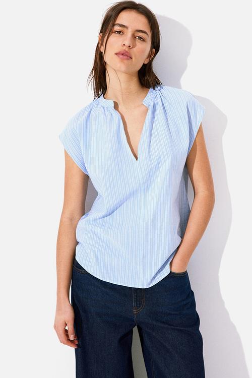 Band-collar blouse - blue & white striped