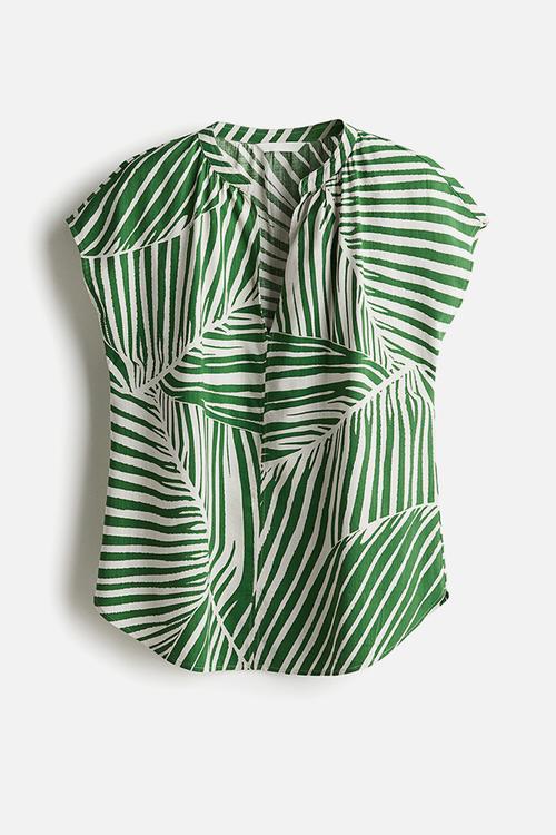 Band-collar blouse - green patterned