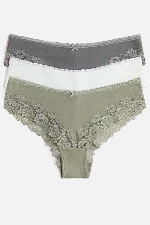 3-Pack cotton and lace hipster briefs - khaki green/grey-green