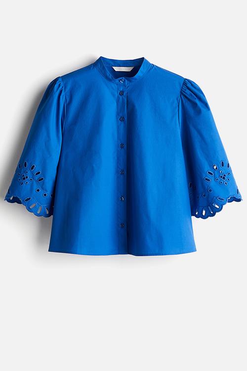 Puff-sleeved cotton blouse - blue