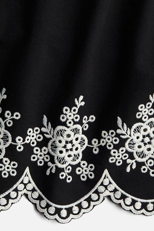 Embroidered tie-strap top - black flowers