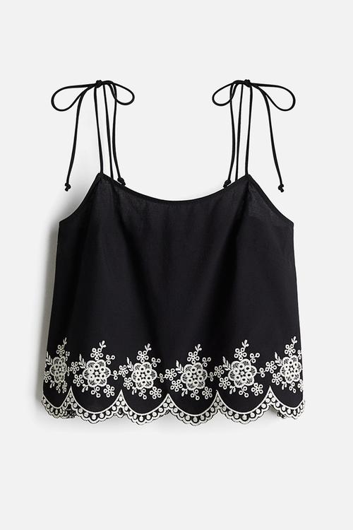 Embroidered tie-strap top - black flowers