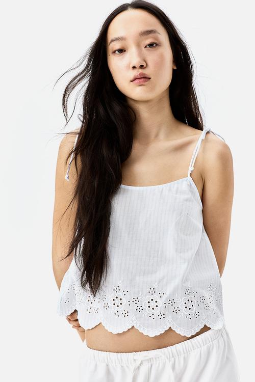 Embroidered tie-strap top - white striped