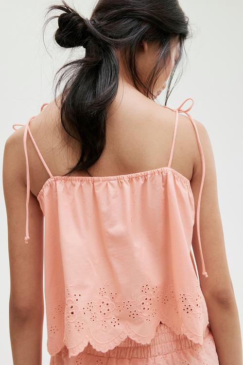 Embroidered tie-strap top - peach pink