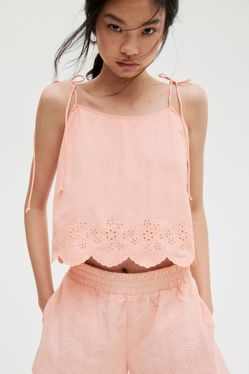Embroidered tie-strap top - peach pink
